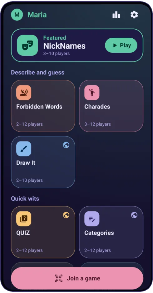 Main menu with NickNames featured and the games grouped by type