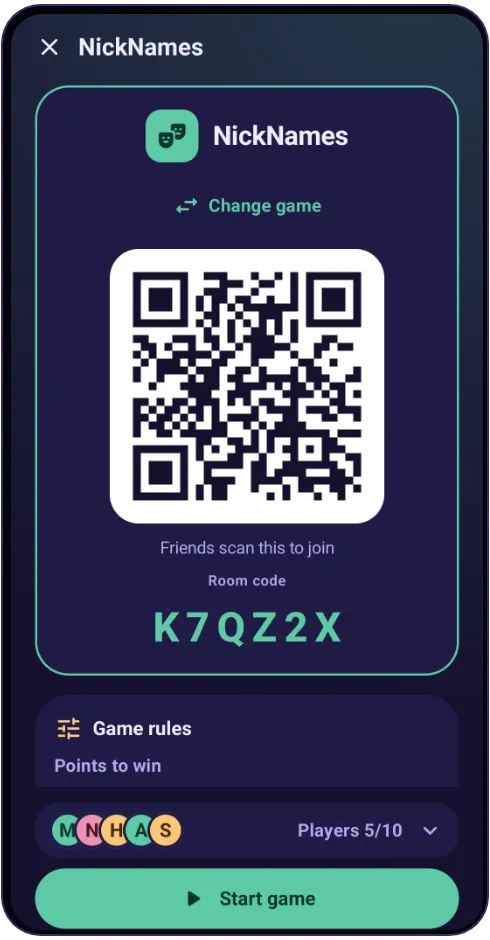 Lobby with the QR code, the room code and the players who joined