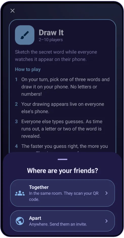 Draw It's page asking where your friends are: Together in the same room, or Apart, online