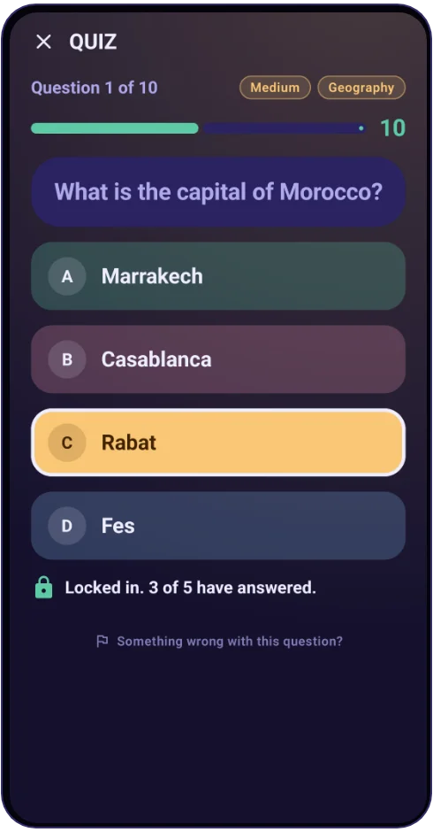 QUIZ: a question with four answers, a timer, and 3 of 5 players answered